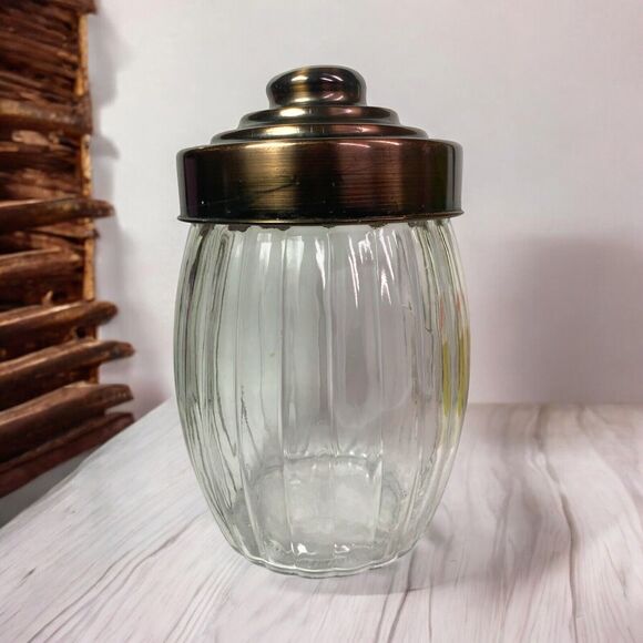 Ribbed Glass Jar/Cannister Amici with Metal Bronze Lid 8” x 5"- Read - Picture 1 of 12
